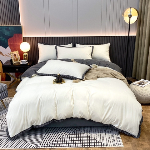 Bộ Chăn Ga Gối Cotton Tici  Nền Màu Trắng Phối Viền Bèo Màu Xám - CTTC02
