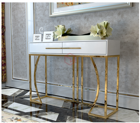 Bàn Console 2 Hộc Kéo Màu Trắng Chân Inox Mạ Pvd Màu Vàng Cao Cấp - BTT40B