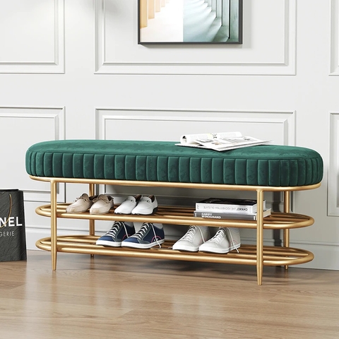 Ghế Ngồi Mang Giày Màu Xanh Chân Sắt Vàng - GMG02B.3