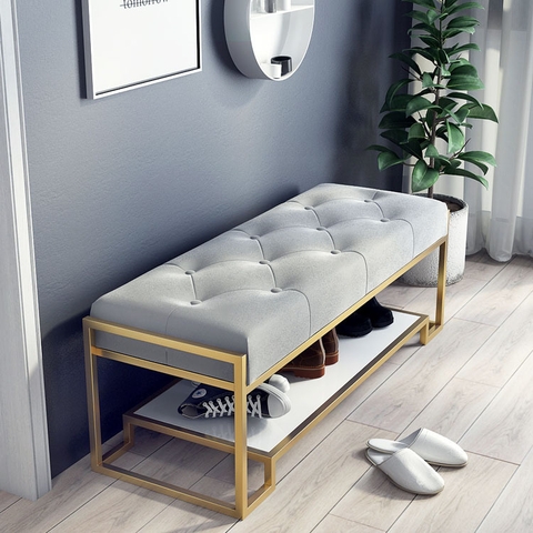 Ghế Ngồi Mang Giày Màu Xám Chân Sắt Vàng - GMG08.3