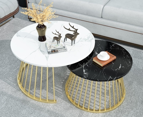 Bàn Trà Đôi Tròn Mặt Đá Trắng Đen Chân Sắt Sọc Sơn Vàng - BT310.3