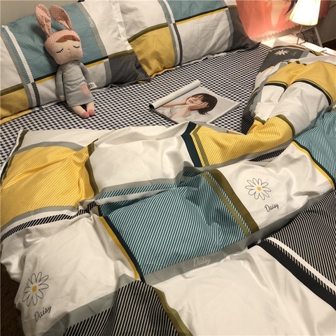 Bộ Chăn Ga Gối 5 Món Cotton Poly Hàn Quốc In Hình Ô Vuông Phối Nhiều Màu- CP50