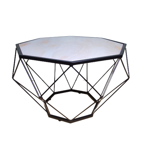 Bàn Trà Kim Cương Mặt Kính Trắng In Vân Đá Chân Sắt Sơn Đen- BT11.13