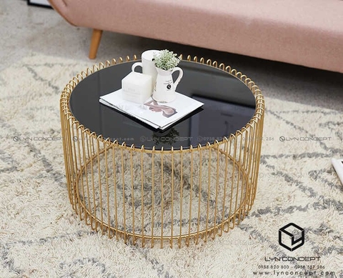 Bàn Trà Mặt Kính Đen Chân Sắt Kiểu Lồng Chim Sơn Vàng- BT182.1