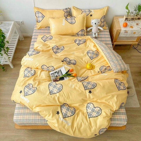 Bộ Chăn Ga Gối 5 Món Cotton Poly Hàn Quốc In Hình Trái Tim Caro Phối Trên Nền Vàng - CP68