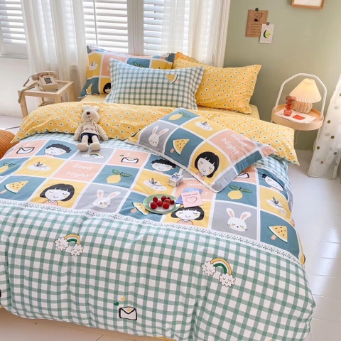 Bộ Chăn Ga Gối 5 Món Cotton Poly Hàn Quốc In Hình Cô Gái Phối Trên Nền Nhiều Màu - CP69