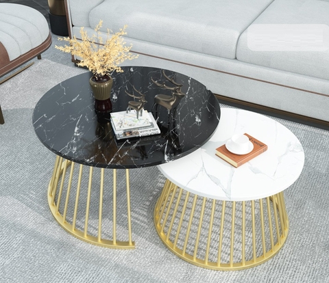 Bàn Trà Đôi Tròn Mặt Đá Đen Trắng Chân Sắt Sọc Sơn Vàng - BT310.4