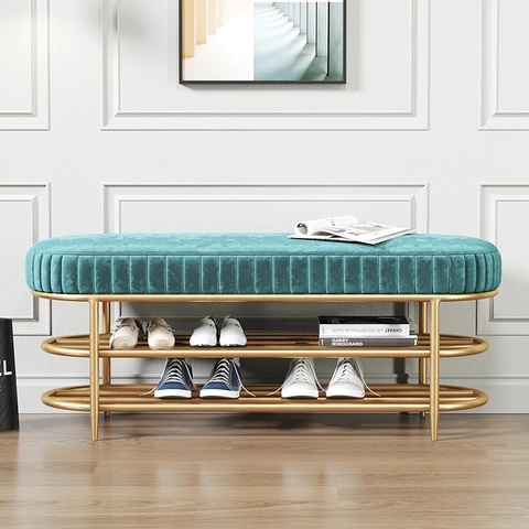 Ghế Ngồi Mang Giày Màu Xanh Chân Sắt Vàng - GMG02B.2