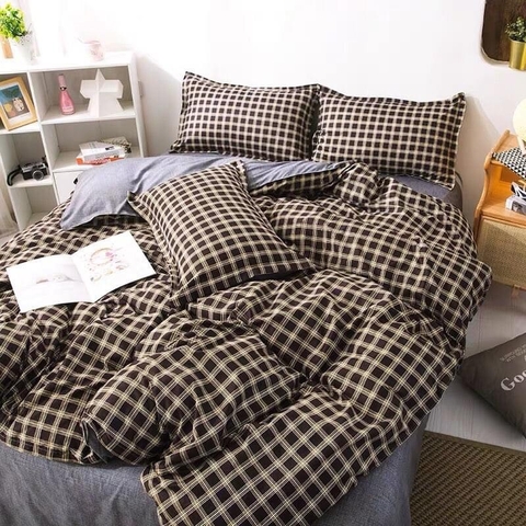 Bộ Chăn Ga Gối 5 Món Cotton Poly Hàn Quốc In Hình Caro Phối Màu Xám Nâu - CP52