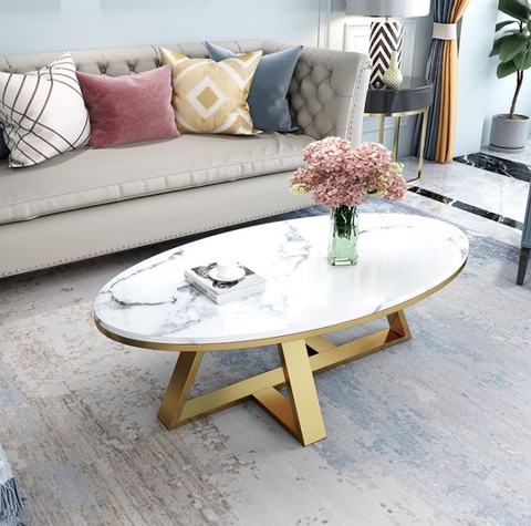 Bàn Trà Sofa Elip Mặt Đá Trắng Chân Sắt Sơn Vàng - BT22.3