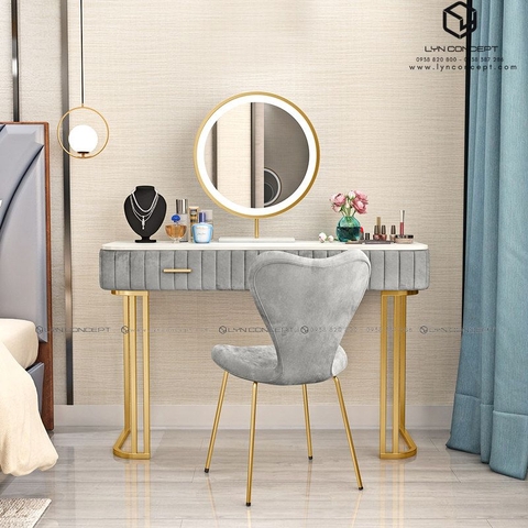Bộ Bàn Trang Điểm 2 Hộc Kéo Bọc Vải Màu Xám Chân Sắt Sơn Vàng - BTĐ35D