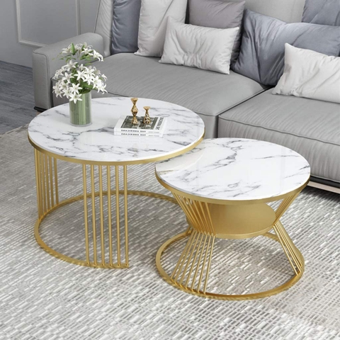 Bàn Trà Đôi Mặt Đá Trắng Chân Sắt Kiểu XO Sơn Vàng - BT204.1
