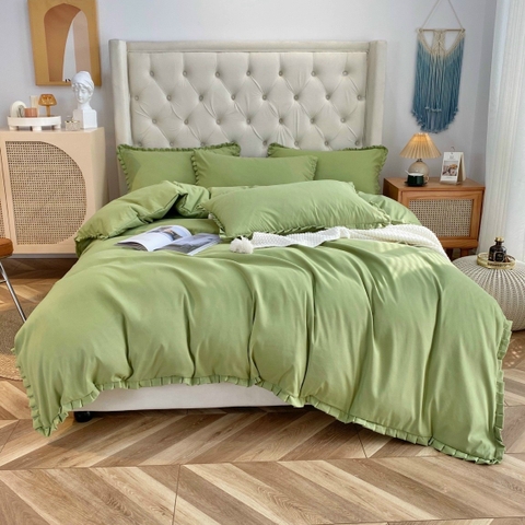 Bộ Chăn Ga Gối Cotton Tici  Viền Bèo Màu Xanh Lá - CTTC06