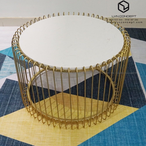 Bàn Trà Mặt Đá Trắng Chân Sắt Kiểu Lồng Chim Sơn Vàng- BT182.3