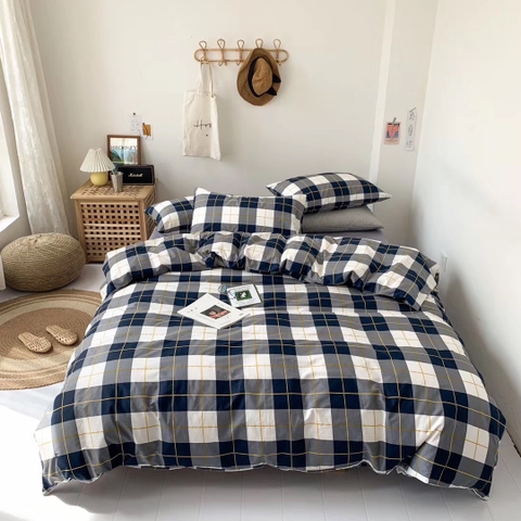 Bộ Chăn Ga Gối 5 Món Cotton Poly Hàn Quốc In Hình Caro Phối Màu Trắng Xám - CP55