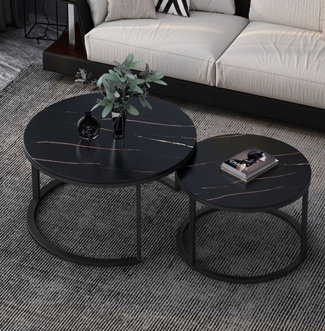 Bàn Trà Đôi Tròn D7050 Mặt Ceramic Đen Chân Sắt Đen- BT43.2B