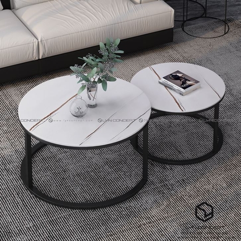 Bàn Trà Đôi Tròn D7050 Mặt Ceramic Trắng Chân Sắt Đen- BT43.1B
