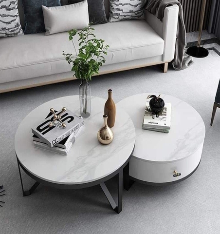 Bàn Trà Đôi Tròn Có Hộc Kéo Mặt Đá Trắng Chân Sắt Sơn Đen - BT315.1