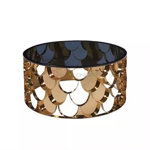 Bàn Trà Sofa Tròn Mặt Kính Trong Đen Chân Inox Cắt Cnc Hình Vảy Cá Mạ Pvd Cao Cấp - BT64E