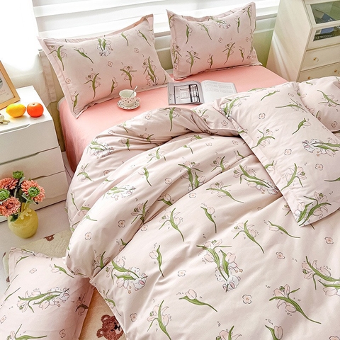 Bộ Chăn Ga Gối 5 Món Cotton Poly Hàn Quốc In Hình Hoa TuLip Phối Trên Nền Hồng Nhạt - CP102