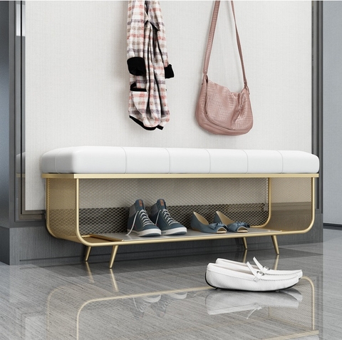 Ghế Ngồi Mang Giày Màu Trắng Chân Sắt Vàng - GMG04.3