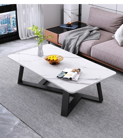 Bàn Trà Chữ Nhật Mặt Đá Trắng Chân Sắt Sơn Đen - BT308.1