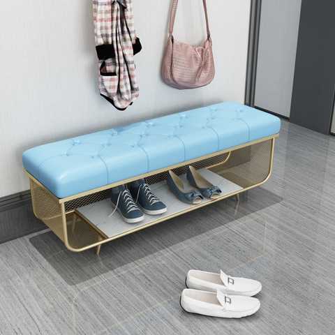 Ghế Ngồi Mang Giày Màu Xanh Chân Sắt Vàng - GMG04.2