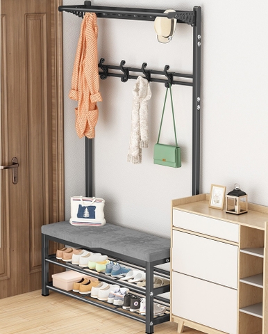 Ghế Ngồi Mang Giày Kèm Thanh Treo Quần Áo Màu Xám Chân Sắt Đen - GMG14A.1