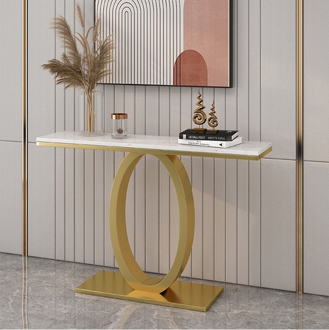 Bàn Console Chân Uốn Tròn Mặt Đá Trắng Chân Sắt Vàng - BTT112.1
