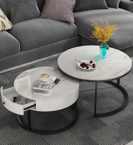 Bàn Trà Đôi Tròn D7050 Có Hộc Kéo Mặt Đá Trắng Chân Sắt Sơn Đen - BT188.2