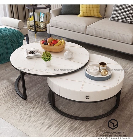 Bàn Trà Đôi Tròn D7050 Có Hộc Kéo Mặt Ceramic Trắng Chân Sắt Sơn Đen - BT188.8