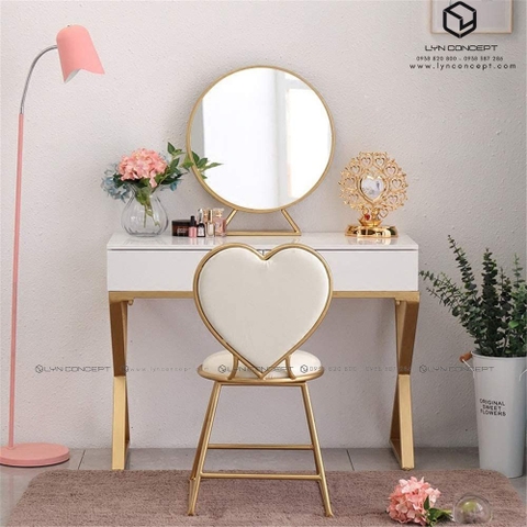 Bộ Bàn Trang Điểm 2 Hộc Kéo Màu Trắng Chân Sắt Kiểu Chữ X Sơn Vàng Ghế Ngồi Trái Tim Màu Trắng- BTĐ29