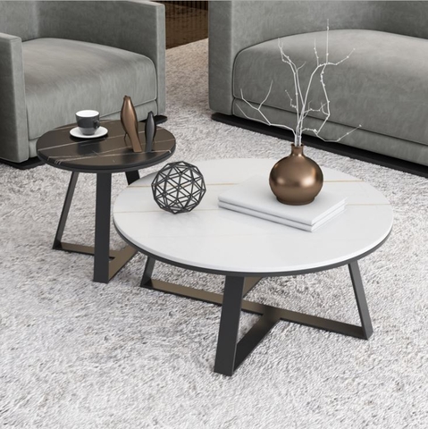 Bàn Trà Đôi Tròn D7045 Kiểu Nhật Mặt Ceramic Đen & Trắng Chân Sắt Sơn Đen - BT189.7