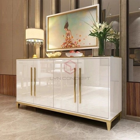 Tủ Console 4 Cánh Mở Màu Trắng Chân Inox Xi Mạ Màu Vàng Hiện Đại Cao Cấp - BTT52