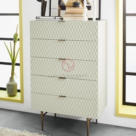 Tủ Console 5 Hộc Kéo Màu Trắng Cánh Cắt Cnc Chân Inox Xi Mạ Màu Vàng Hiện Đại Cao Cấp - BTT51B