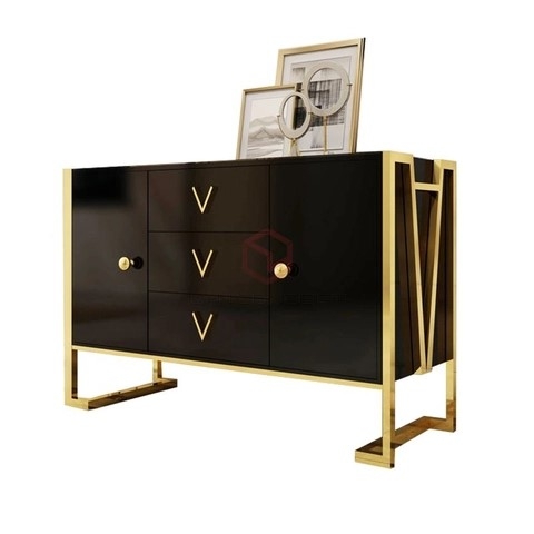 Tủ Console 3 Hộc Kéo 2 Cánh Mở Chân Inox Xi Mạ Màu Vàng Hiện Đại Cao Cấp - BTT44