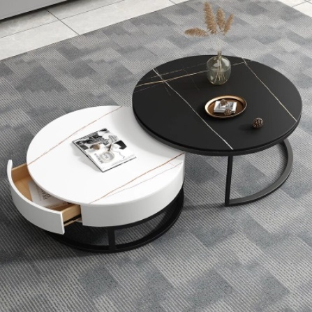Bàn Trà Đôi Tròn D7050 Có Hộc Kéo Mặt Ceramic Đen & Trắng Chân Sắt Sơn Đen - BT188.9