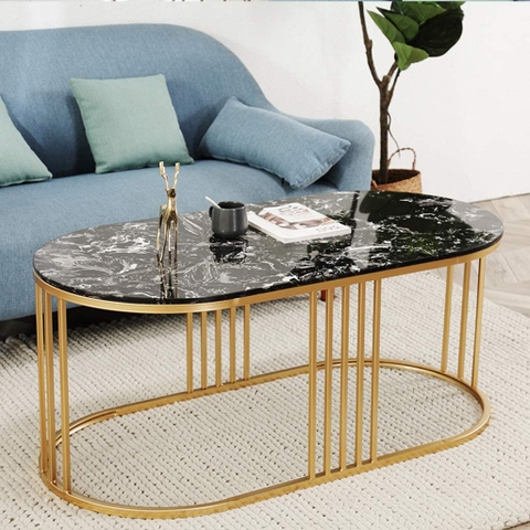 Bàn Trà Oval 1 Tầng Mặt Đá Đen Chân Sắt Sơn Vàng - BT194.2