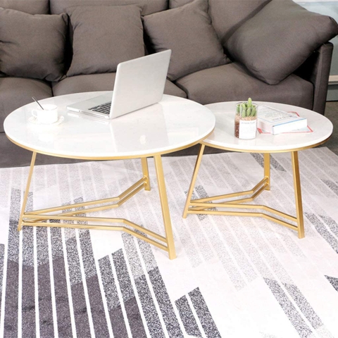 Bàn Trà Đôi Mặt Đá Trắng Chân Sắt Kiểu Ngôi Sao Sơn Vàng