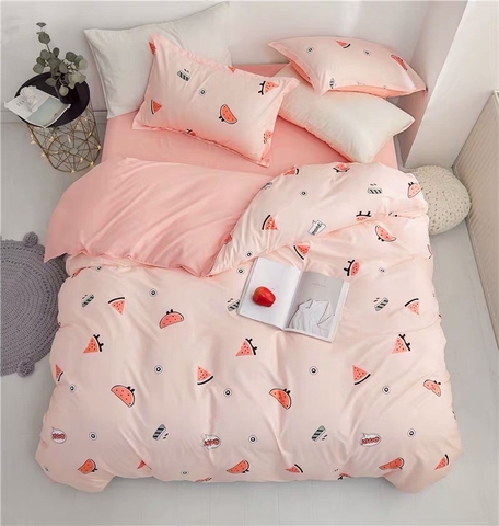 Bộ Chăn Ga Gối 5 Món Cotton Poly Hàn Quốc In Hình Miếng Dưa Hấu Màu Hồng Cam - CP82