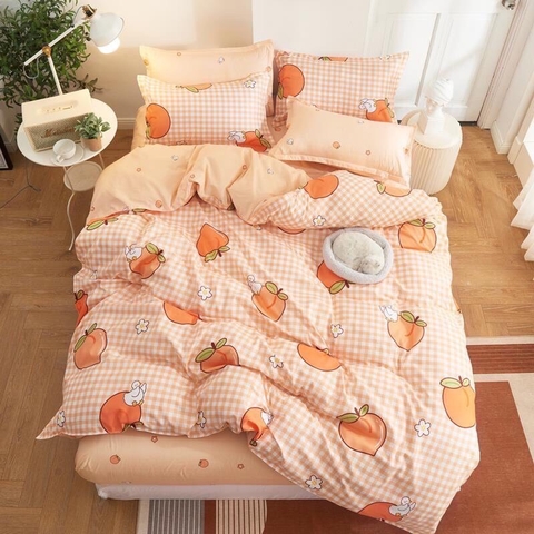 Bộ Chăn Ga Gối 5 Món Cotton Poly Hàn Quốc In Hình Trái Đào Màu Cam - CP83