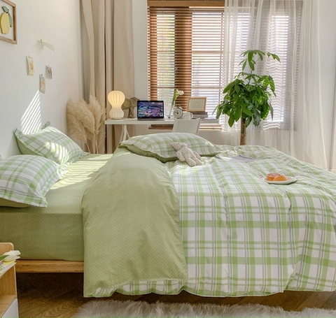 Bộ Chăn Ga Gối 5 Món Cotton Poly Hàn Quốc In Hình Caro Phối Màu Xanh Trắng - CP07