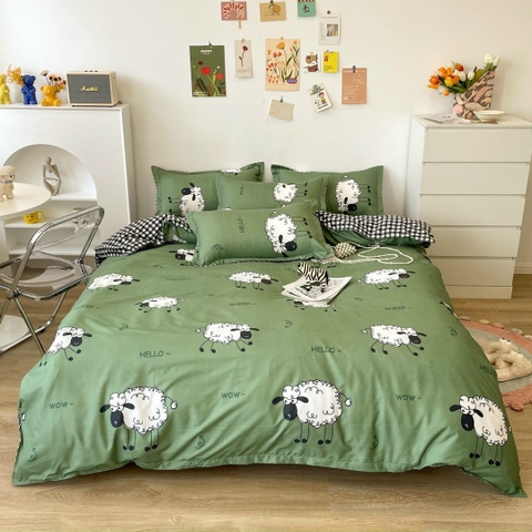 Bộ Chăn Ga Gối 5 Món Cotton Poly Hàn Quốc In Hình Còn Cừu Trắng Phối Màu Xanh - CP08