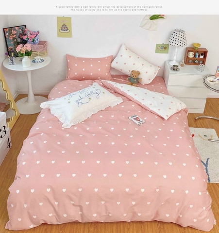 Bộ Chăn Ga Gối 5 Món Cotton Poly Hàn Quốc In Hình Trái Tim Trắng Phối Nền Màu Hồng - CP09