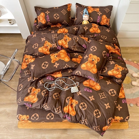 Bộ Chăn Ga Gối 5 Món Cotton Poly Hàn Quốc In Hình Con Gấu Phối Nền Màu Nâu - CP11