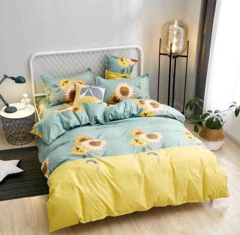Bộ Chăn Ga Gối 5 Món Cotton Poly Hàn Quốc In Hình Hoa Hướng Dương Phối Nền Màu Xanh Vàng - CP21