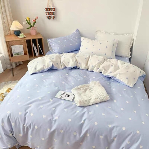Bộ Chăn Ga Gối 5 Món Cotton Poly Hàn Quốc In Hình Trái Tim Nhỏ Phối Nền Màu Trắng Xanh- CP28