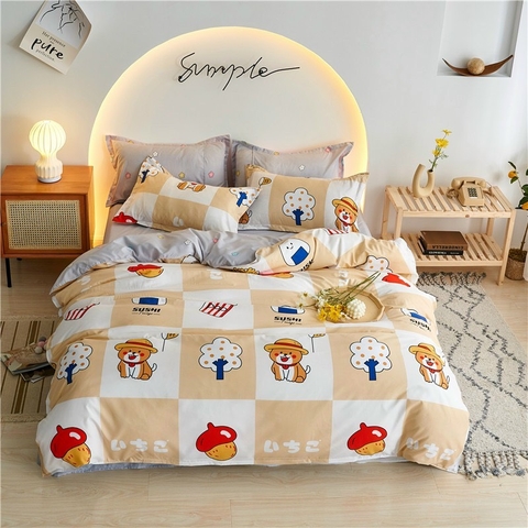 Bộ Chăn Ga Gối 5 Món Cotton Poly Hàn Quốc In Hình Gấu Và Cây Phối Nền Màu Trắng Vàng Nhạt - CP31