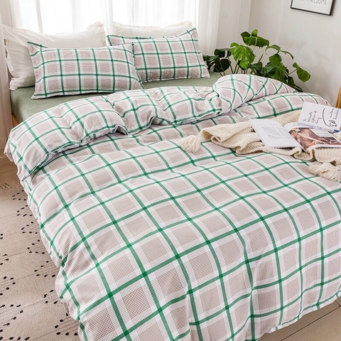 Bộ Chăn Ga Gối 5 Món Cotton Poly Hàn Quốc In Hình Caro Phối Trên Nền Màu Trắng Xanh - CP36