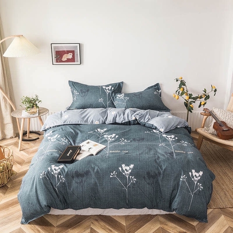 Bộ Chăn Ga Gối 5 Món Cotton Poly Hàn Quốc In Hình Nhánh Cây Phối Trên Nền Màu Xám - CP37